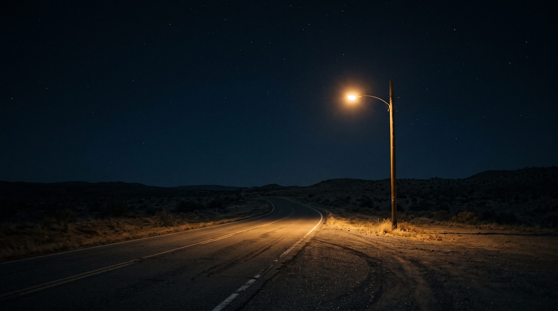 An empty two-lane road at night lit by a single streetlamp
